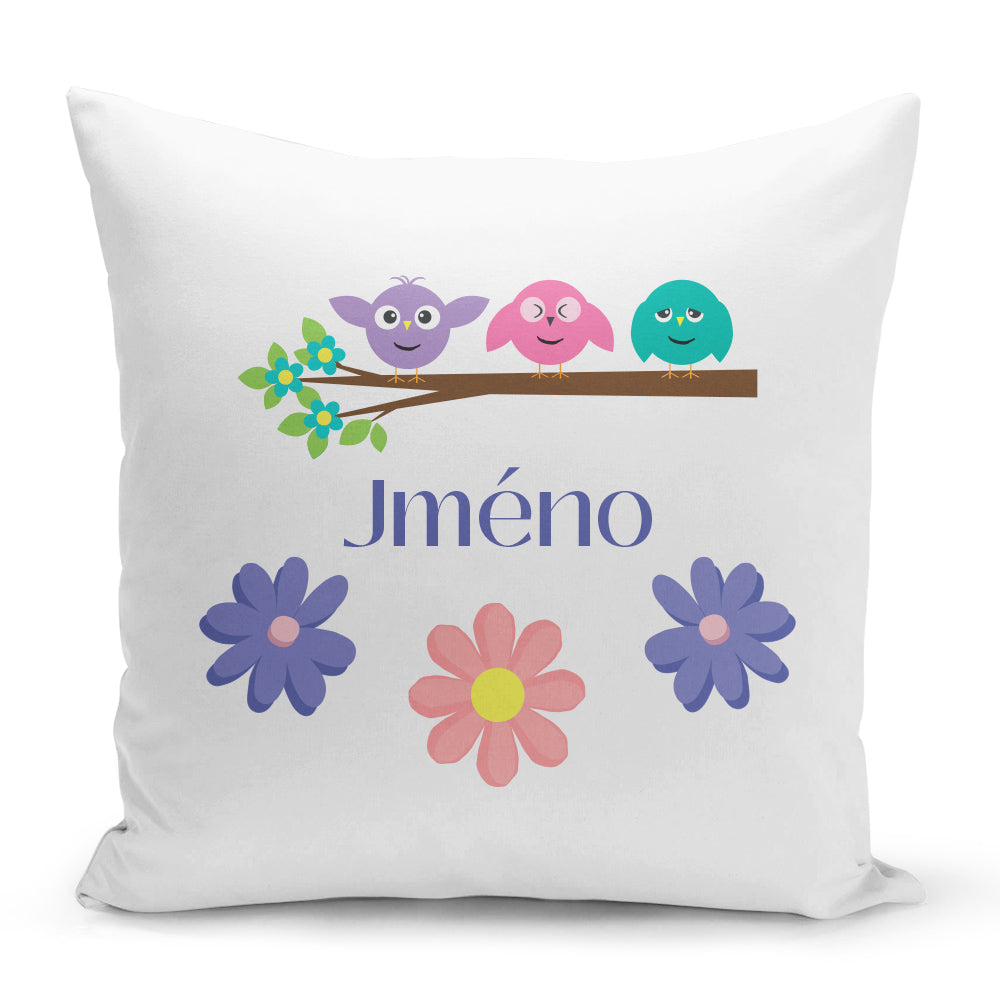 Bílý polštář 40 x 40 cm s motivem Veselí ptáčci - jméno