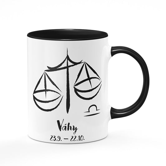 Keramický hrnek bílý s černým lemem vnitřkem a uchem motiv Váhy