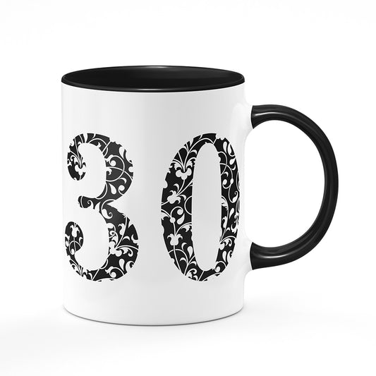 Keramický hrnek bílý s černým lemem vnitřkem a uchem motiv Věk 30