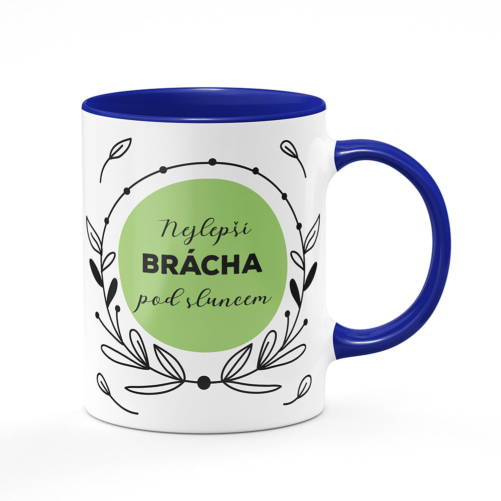 Keramický hrnek bílý s modrým lemem vnitřkem a uchem motiv Nejlepší brácha pod sluncem