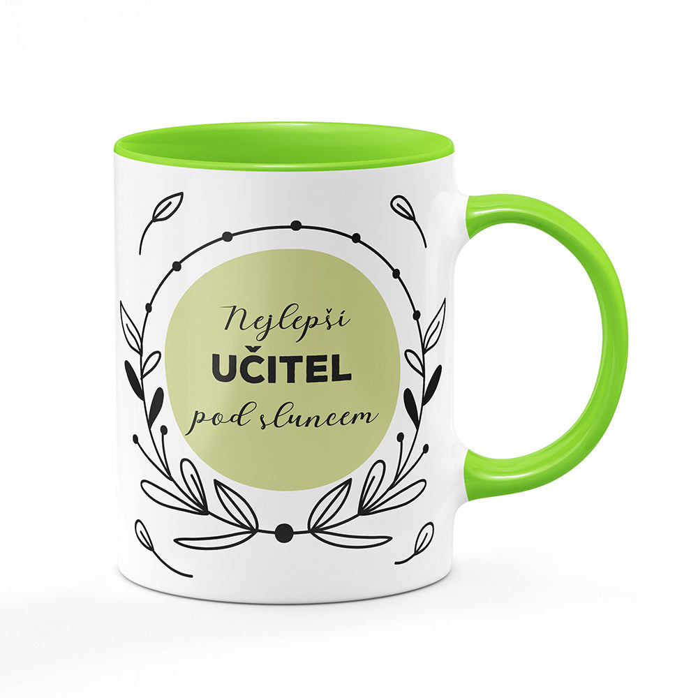 Keramický hrnek bílý s světle zeleným lemem vnitřkem a uchem motiv Nejlepší učitel pod sluncem