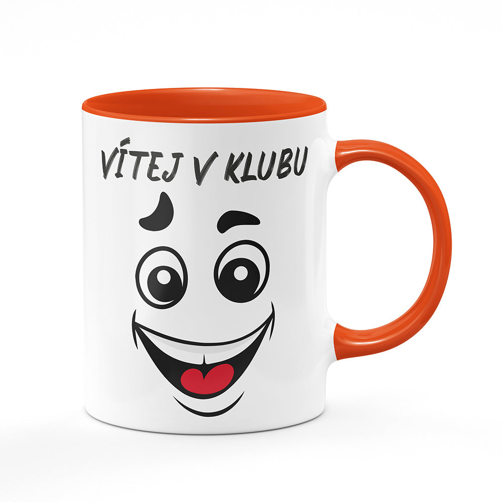 Keramický hrnek bílý s oranžovým lemem vnitřkem a uchem motiv Vítej v klubu