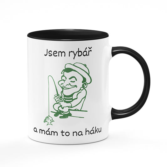 Keramický hrnek bílý s černým lemem vnitřkem a uchem motiv Jsem rybář a mám to na háku