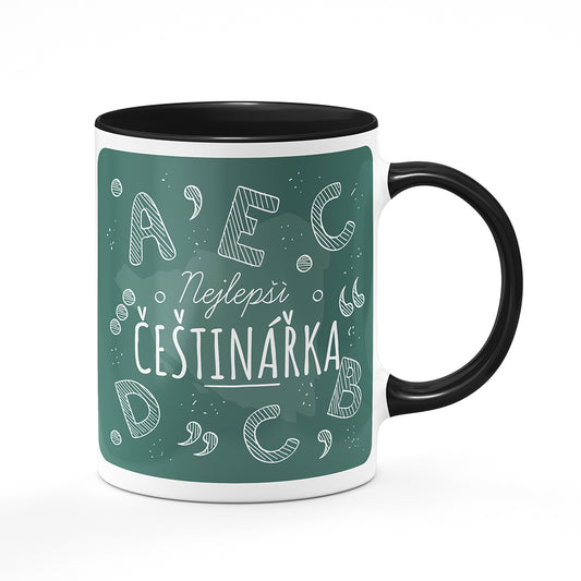 Keramický hrnek bílý s černým lemem vnitřkem a uchem motiv Nejlepší češtinářka
