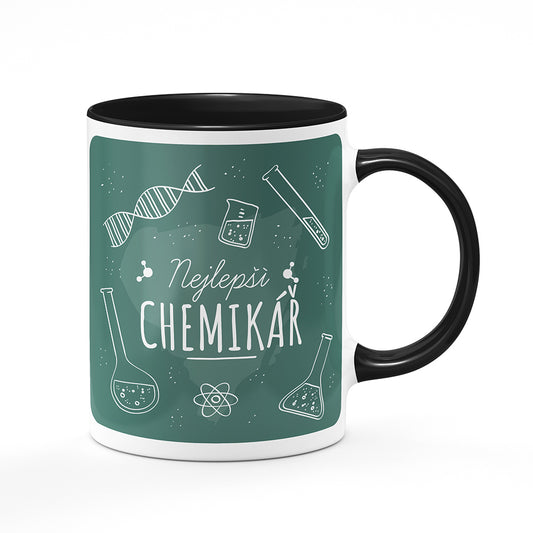 Keramický hrnek bílý s černým lemem vnitřkem a uchem motiv Nejlepší chemikář