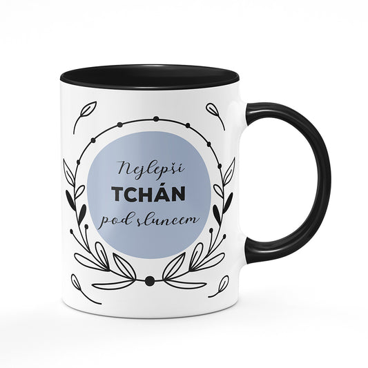 Keramický hrnek bílý s černým lemem vnitřkem a uchem motiv Nejlepší tchán pod sluncem