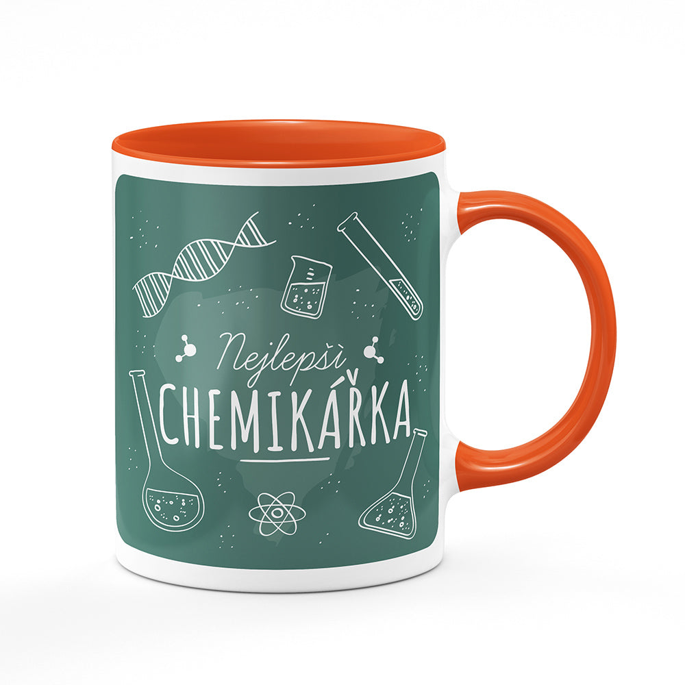 Keramický hrnek bílý s oranžovým lemem vnitřkem a uchem motiv Nejlepší chemikářka