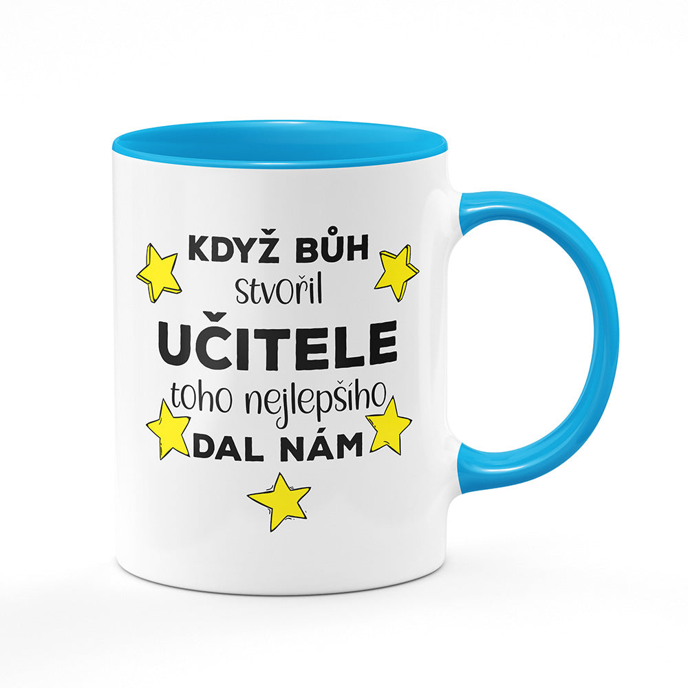 Keramický hrnek bílý s světle modrým lemem vnitřkem a uchem motiv Když bůh stvořil učitele