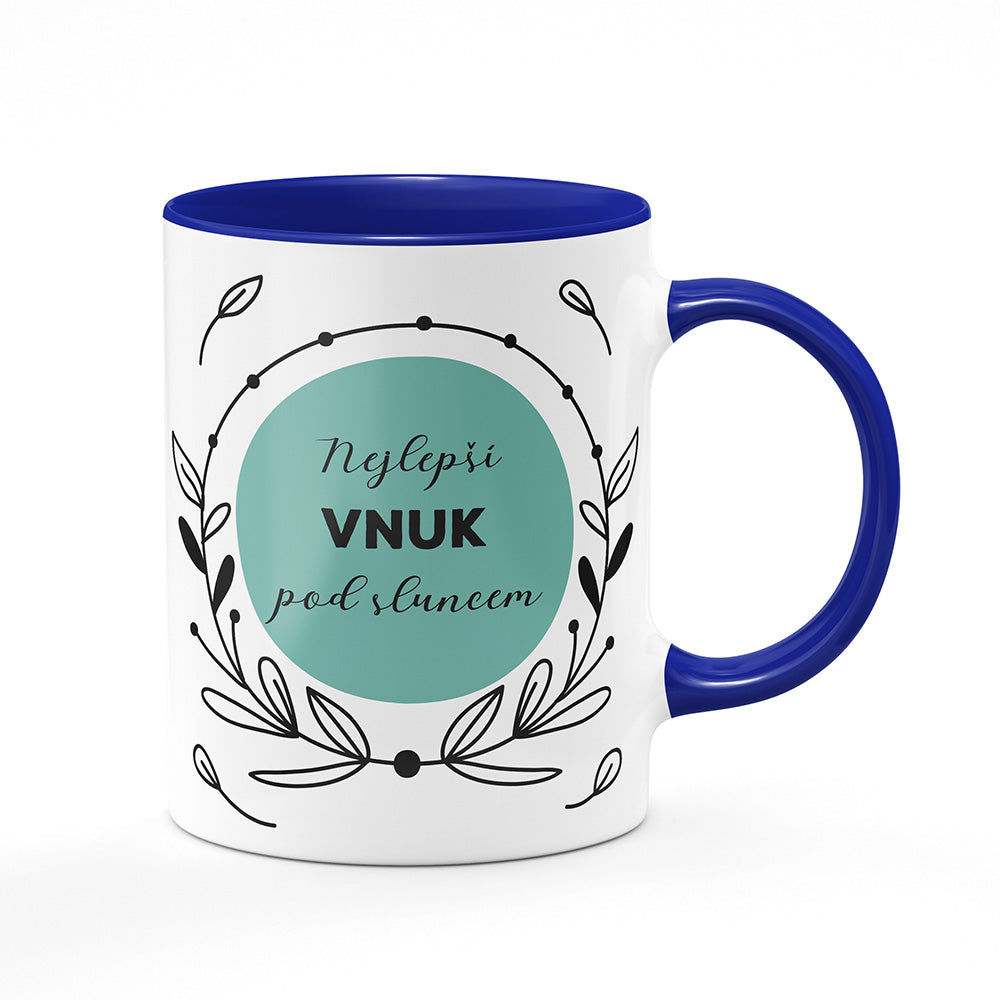 Keramický hrnek bílý s modrým lemem vnitřkem a uchem motiv Nejlepší vnuk pod sluncem