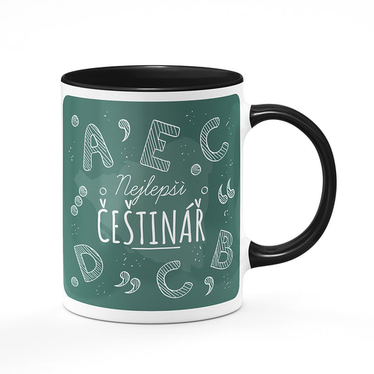 Keramický hrnek bílý s černým lemem vnitřkem a uchem motiv Nejlepší češtinář