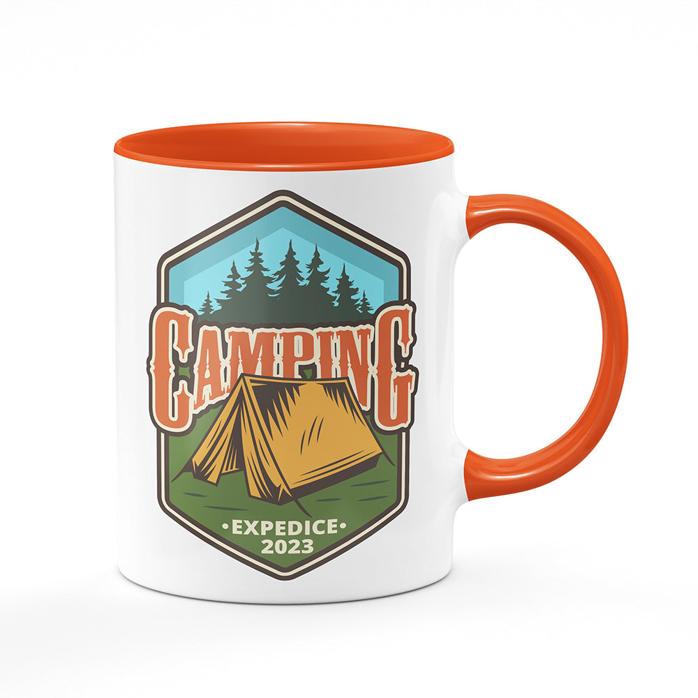 Keramický hrnek bílý s oranžovým lemem vnitřkem a uchem motiv Camping