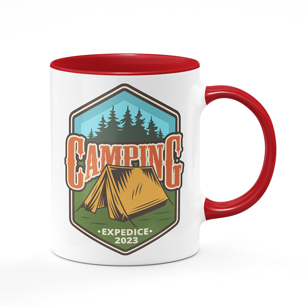 Keramický hrnek bílý s červeným lemem vnitřkem a uchem motiv Camping