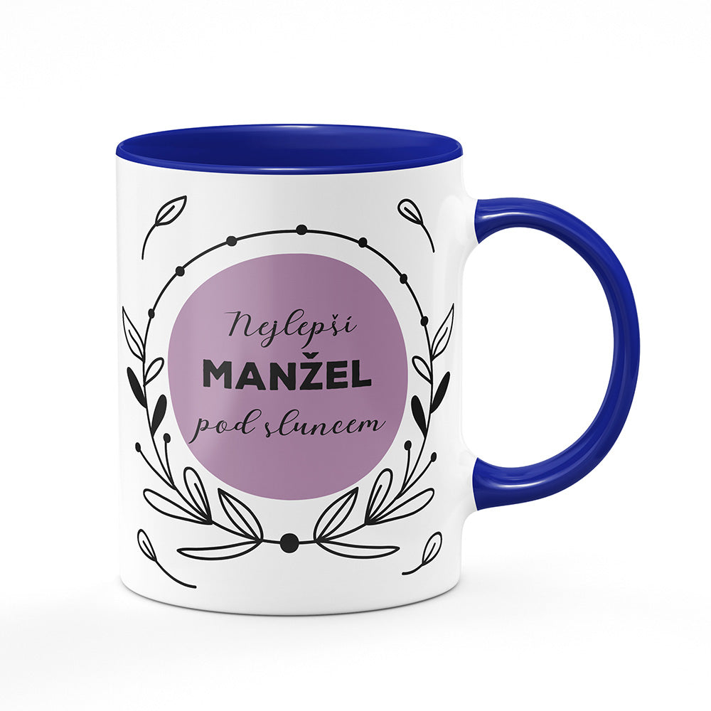 Keramický hrnek bílý s modrým lemem vnitřkem a uchem motiv Nejlepší manžel pod sluncem