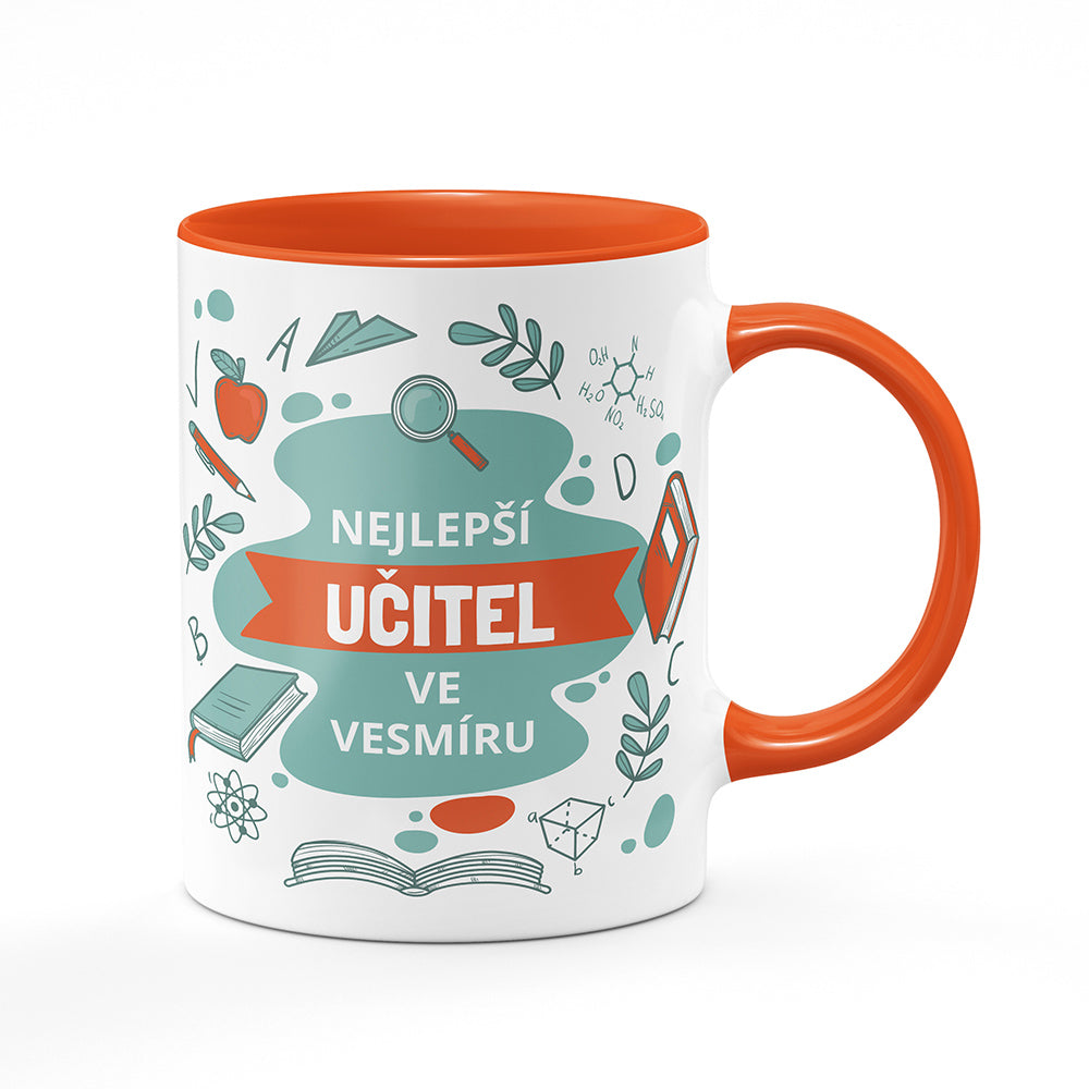 Keramický hrnek bílý s oranžovým lemem vnitřkem a uchem motiv Nejlepší učitel ve vesmíru