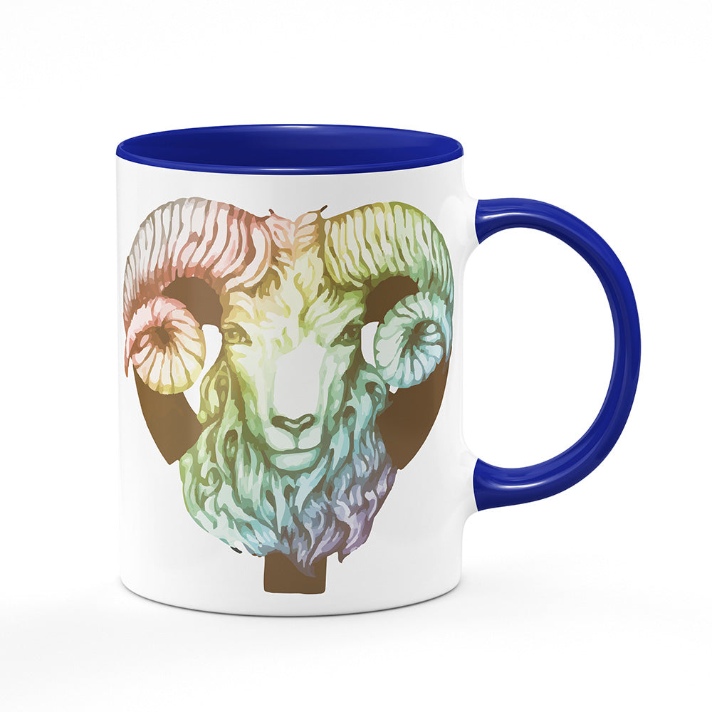 Keramický hrnek bílý s modrým lemem vnitřkem a uchem motiv Beran