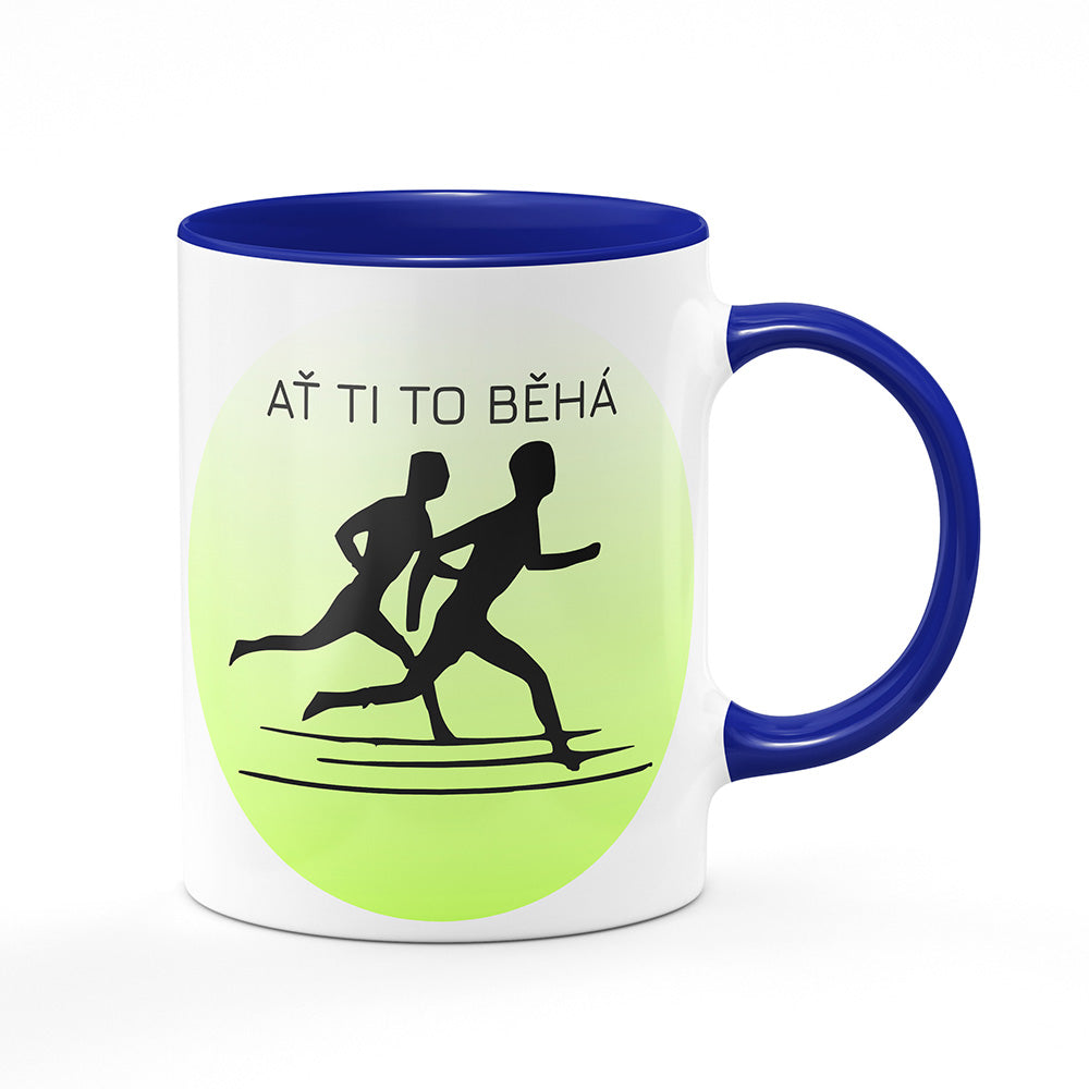 Keramický hrnek bílý s modrým lemem vnitřkem a uchem motiv Běh