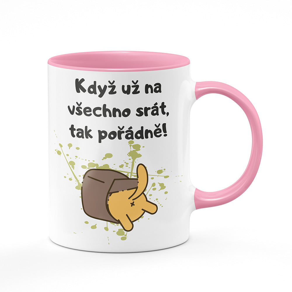 Keramický hrnek bílý s růžovým lemem vnitřkem a uchem motiv Když už na všechno…