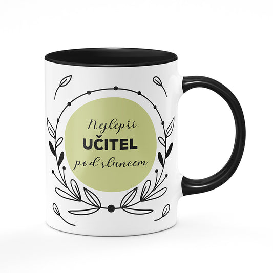 Keramický hrnek bílý s černým lemem vnitřkem a uchem motiv Nejlepší učitel pod sluncem