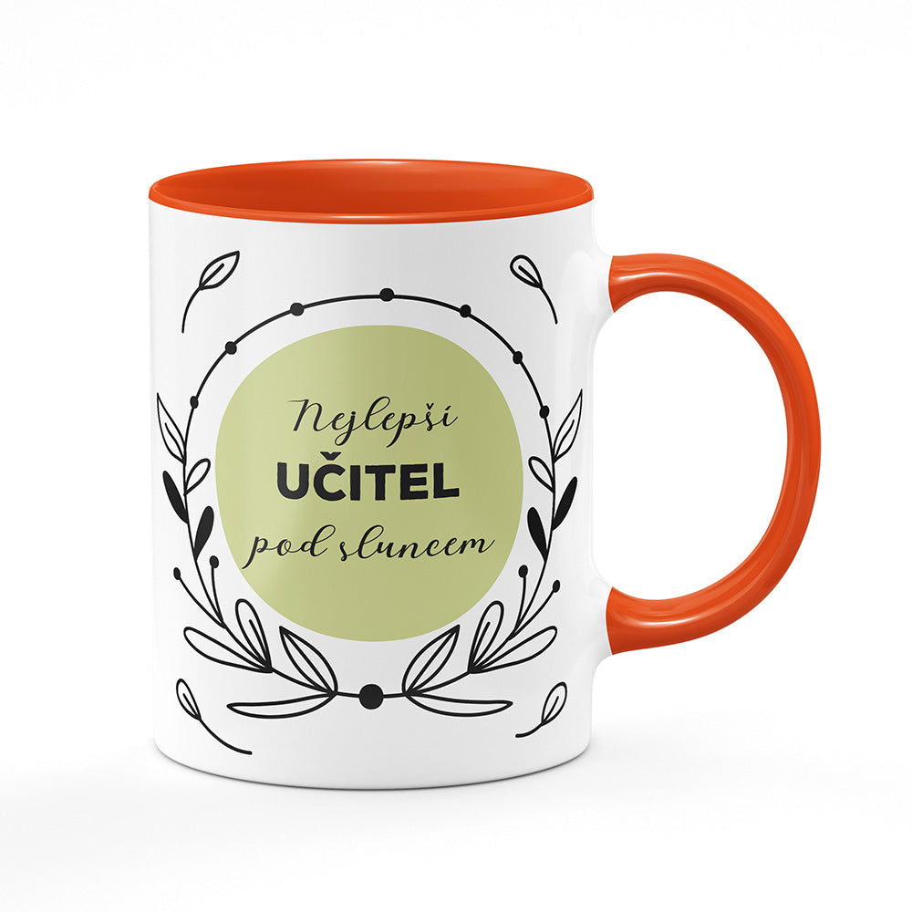 Keramický hrnek bílý s oranžovým lemem vnitřkem a uchem motiv Nejlepší učitel pod sluncem