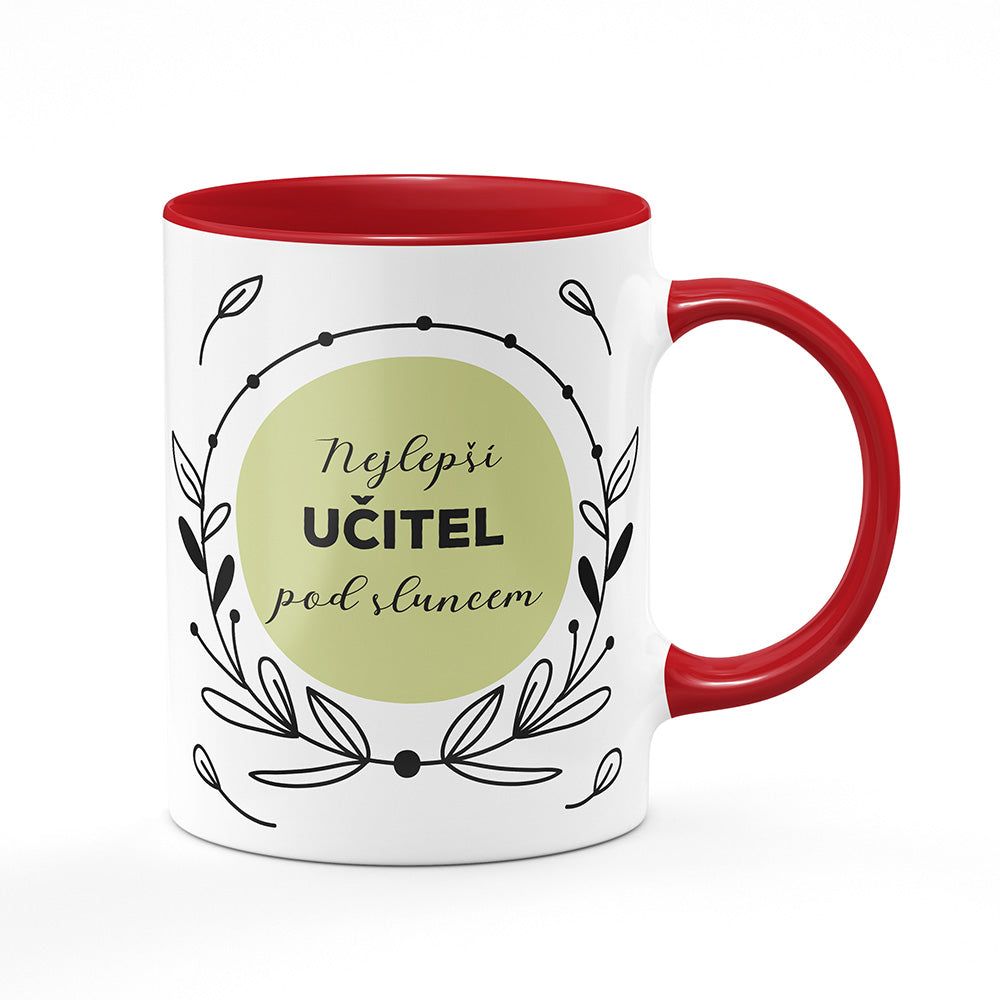 Keramický hrnek bílý s červeným lemem vnitřkem a uchem motiv Nejlepší učitel pod sluncem