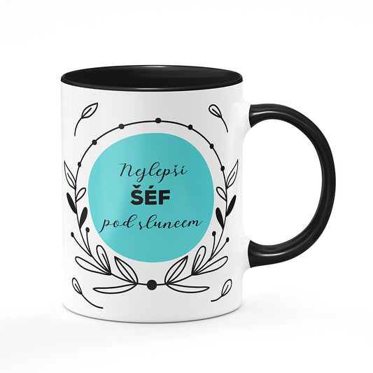 Keramický hrnek bílý s černým lemem vnitřkem a uchem motiv Nejlepší šéf pod sluncem