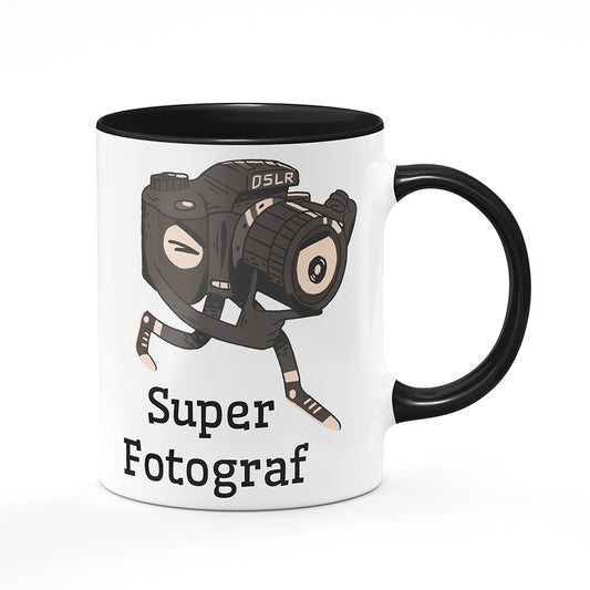 Keramický hrnek bílý s černým lemem vnitřkem a uchem motiv Super fotograf