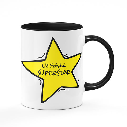 Keramický hrnek bílý s černým lemem vnitřkem a uchem motiv Učitelská superstar