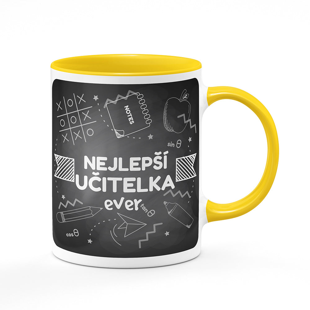 Keramický hrnek bílý s žlutým lemem vnitřkem a uchem motiv Nejlepší učitelka ever