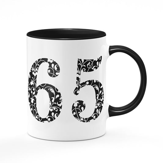 Keramický hrnek bílý s černým lemem vnitřkem a uchem motiv Věk 65