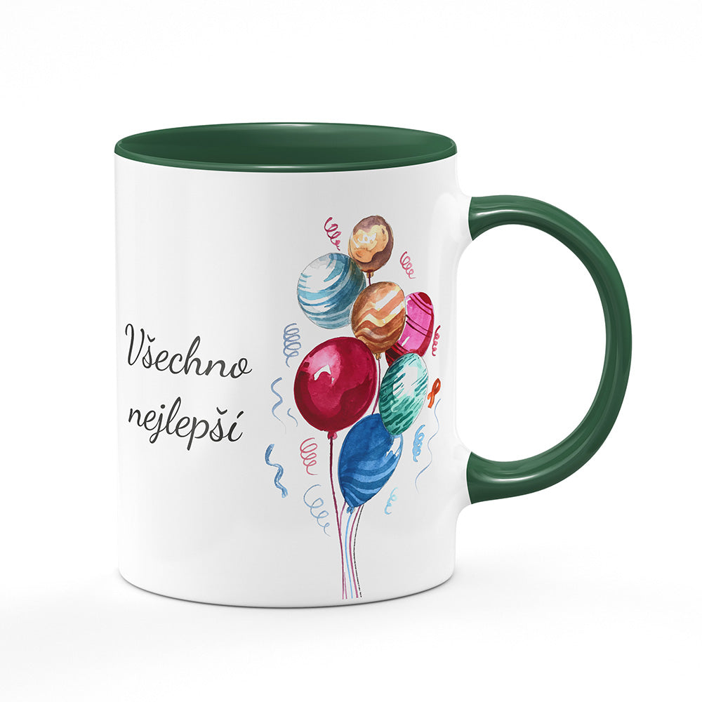 Keramický hrnek bílý s zeleným lemem vnitřkem a uchem motiv Všechno nejlepší