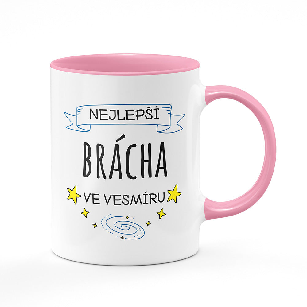 Keramický hrnek bílý s růžovým lemem vnitřkem a uchem motiv Nejlepší brácha ve vesmíru