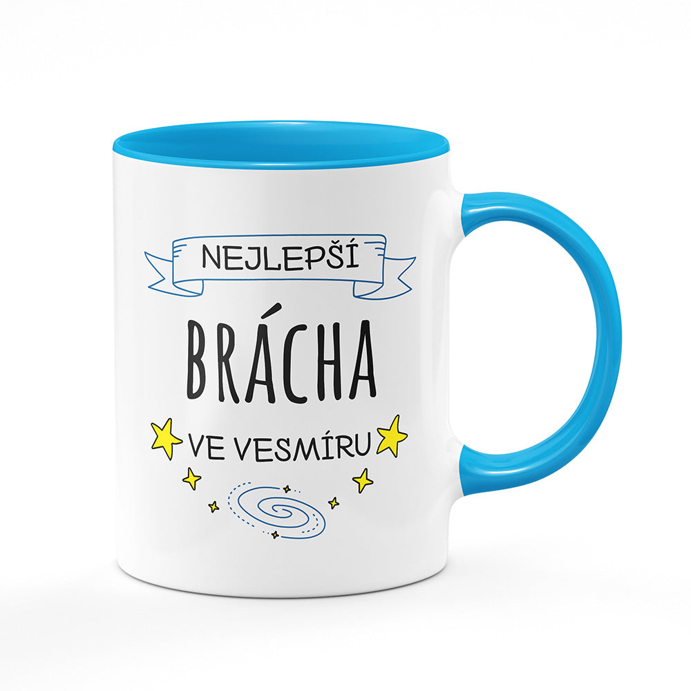 Keramický hrnek bílý s světle modrým lemem vnitřkem a uchem motiv Nejlepší brácha ve vesmíru