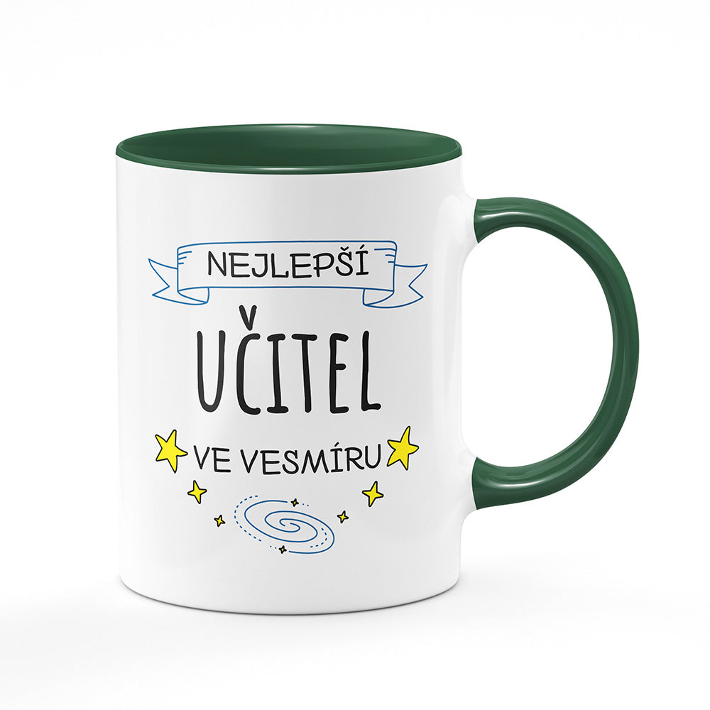 Keramický hrnek bílý s zeleným lemem vnitřkem a uchem motiv Nejlepší učitel ve vesmíru