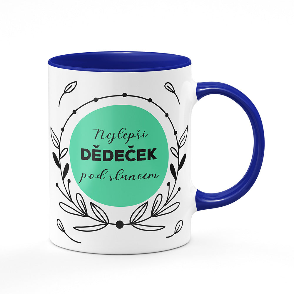 Keramický hrnek bílý s modrým lemem vnitřkem a uchem motiv Nejlepší dědeček pod sluncem