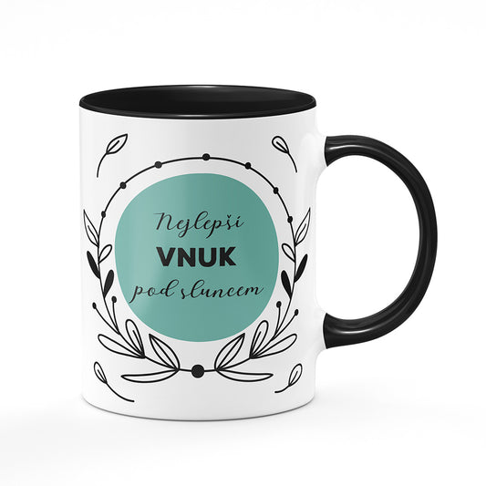 Keramický hrnek bílý s černým lemem vnitřkem a uchem motiv Nejlepší vnuk pod sluncem