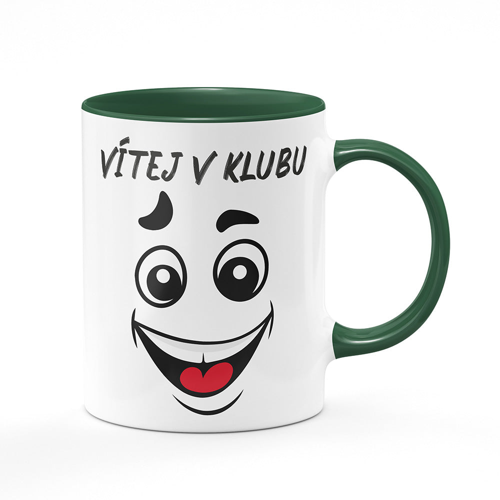 Keramický hrnek bílý s zeleným lemem vnitřkem a uchem motiv Vítej v klubu