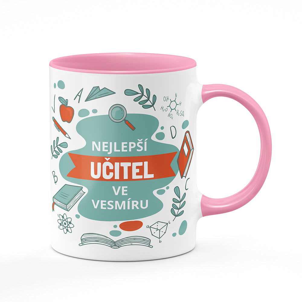 Keramický hrnek bílý s růžovým lemem vnitřkem a uchem motiv Nejlepší učitel ve vesmíru