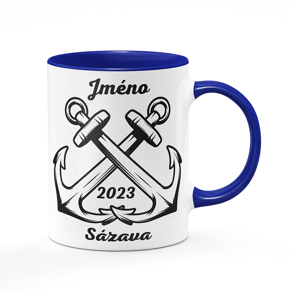 Keramický hrnek bílý s modrým lemem vnitřkem a uchem motiv Kotvy