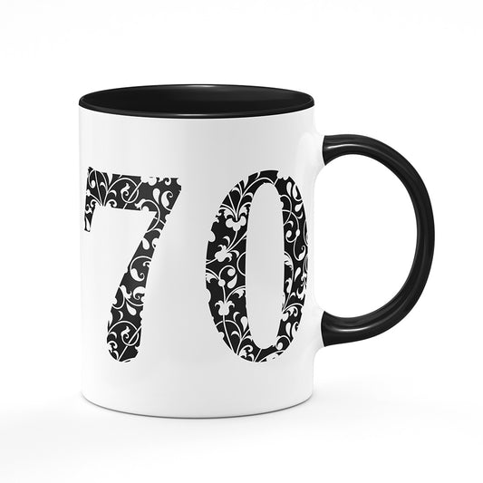 Keramický hrnek bílý s černým lemem vnitřkem a uchem motiv Věk 70