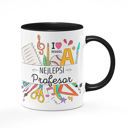 Keramický hrnek bílý s černým lemem vnitřkem a uchem motiv Nejlepší profesor