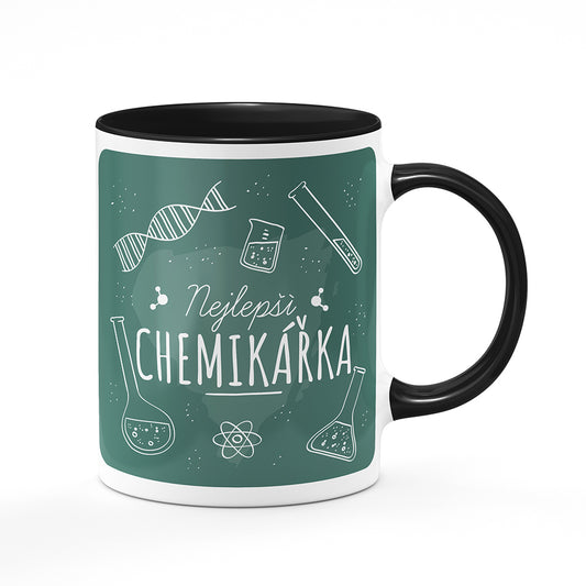 Keramický hrnek bílý s černým lemem vnitřkem a uchem motiv Nejlepší chemikářka