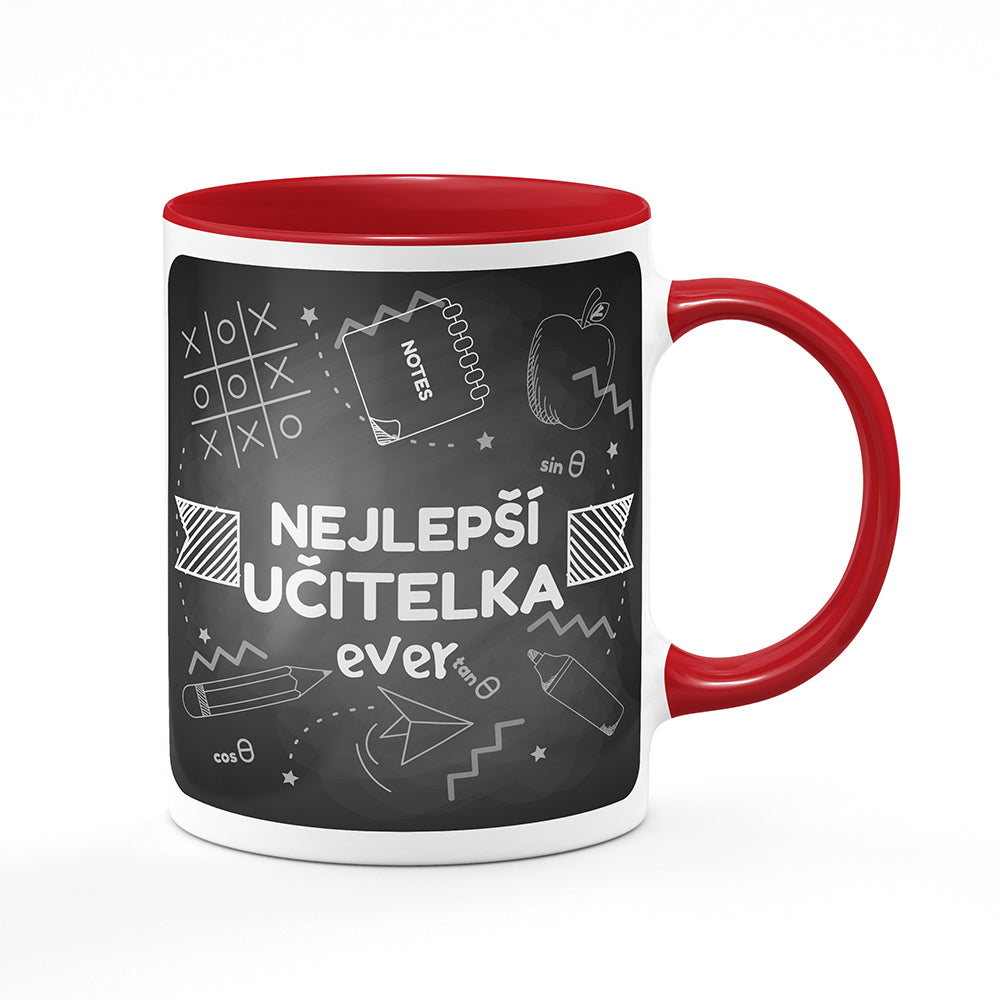 Keramický hrnek bílý s červeným lemem vnitřkem a uchem motiv Nejlepší učitelka ever