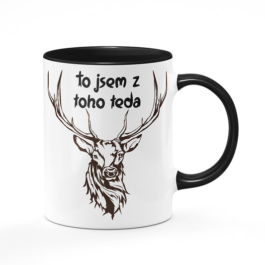 Keramický hrnek bílý s černým lemem vnitřkem a uchem motiv To jsem z toho teda jelen