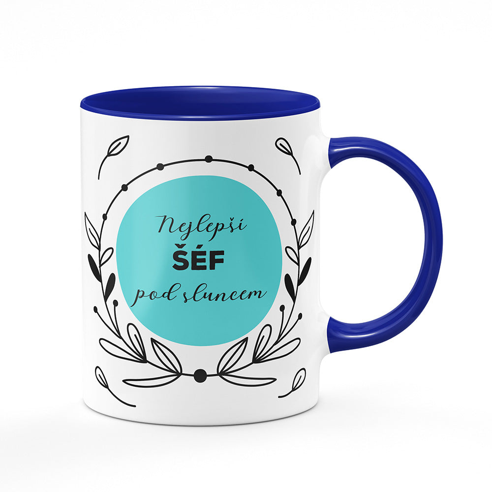 Keramický hrnek bílý s modrým lemem vnitřkem a uchem motiv Nejlepší šéf pod sluncem