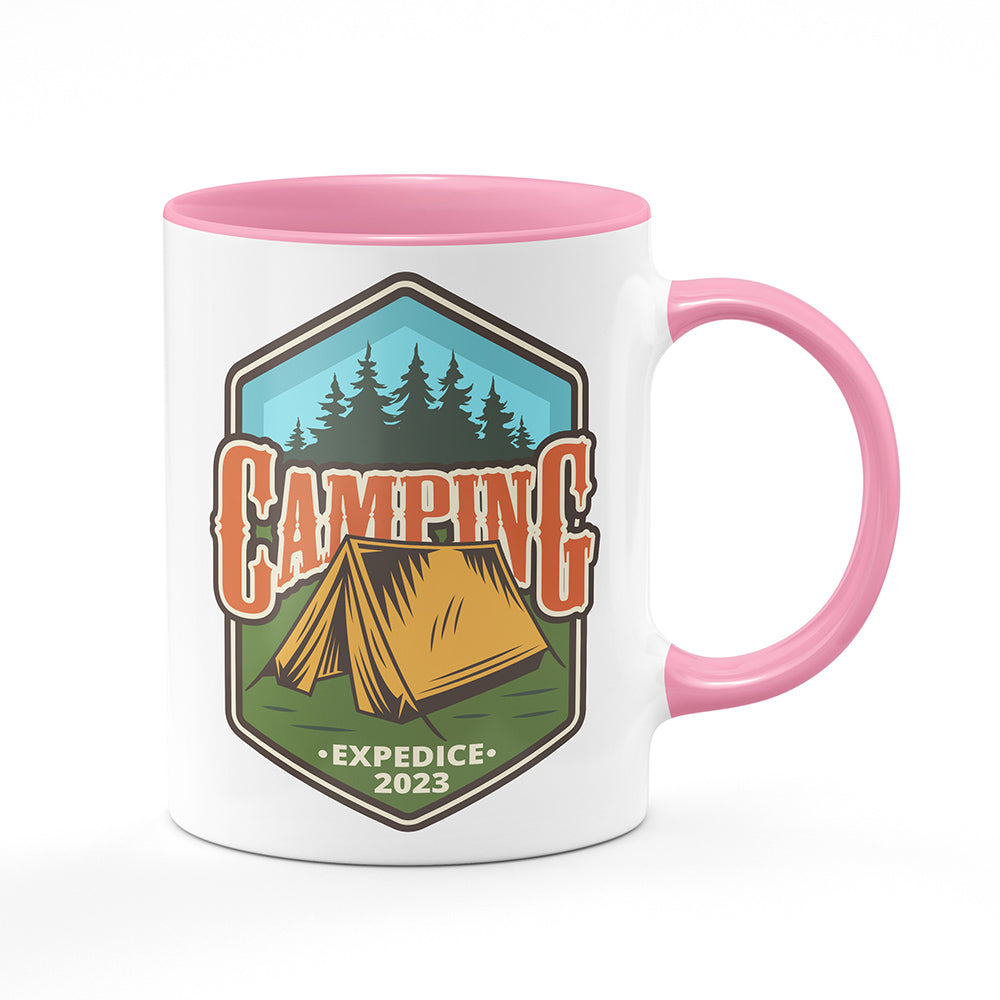 Keramický hrnek bílý s růžovým lemem vnitřkem a uchem motiv Camping