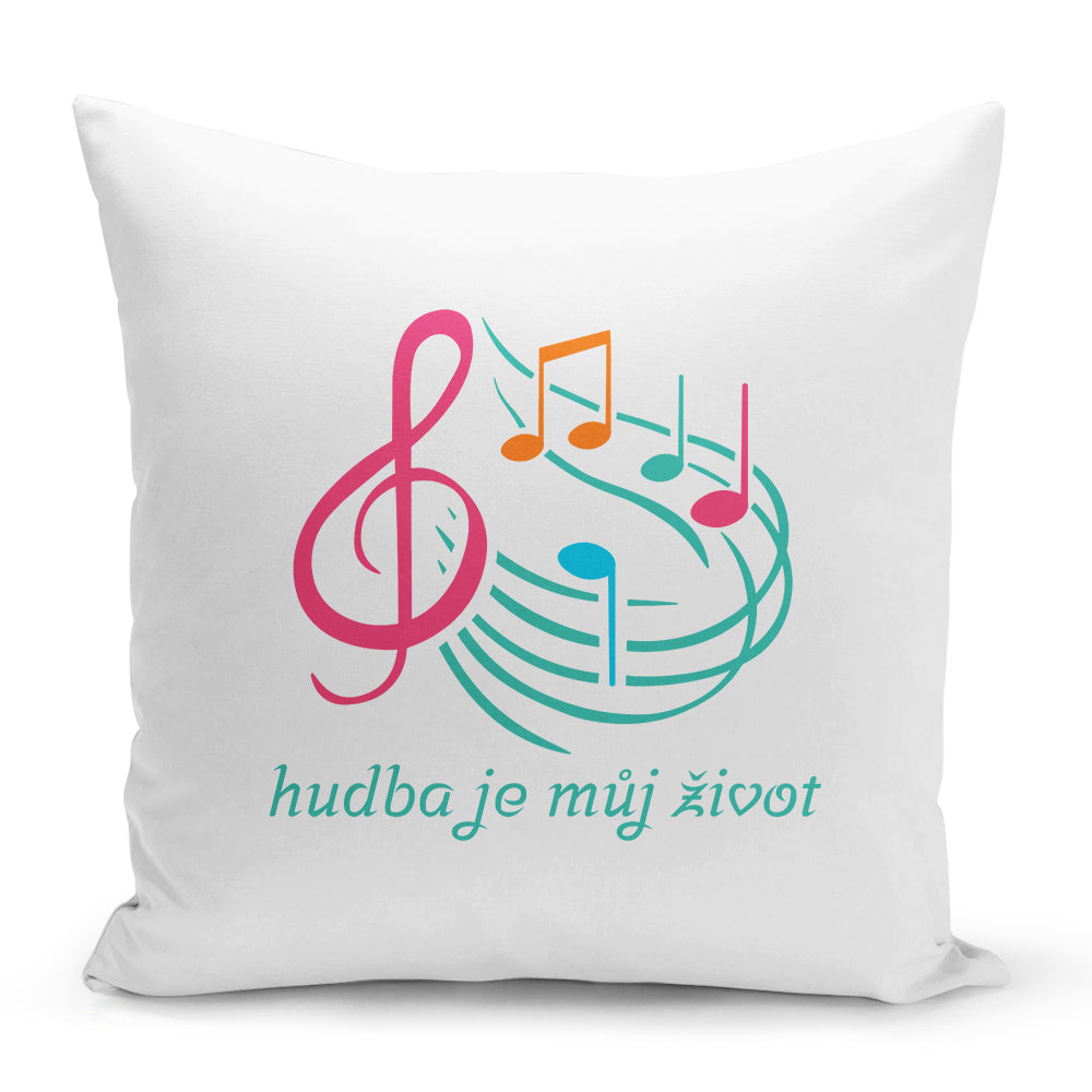 Bílý polštář 40 x 40 cm s motivem Hudba je můj život