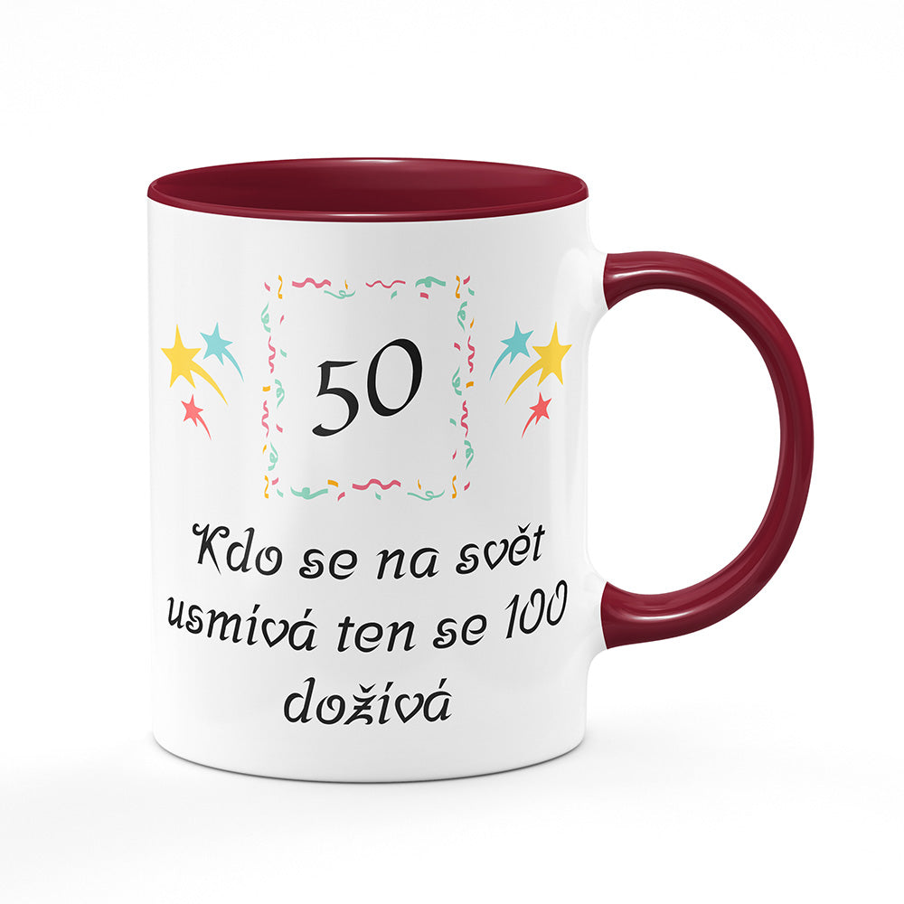 Keramický hrnek bílý s bordó vínovým lemem vnitřkem a uchem motiv Kdo se na svět usmívá…