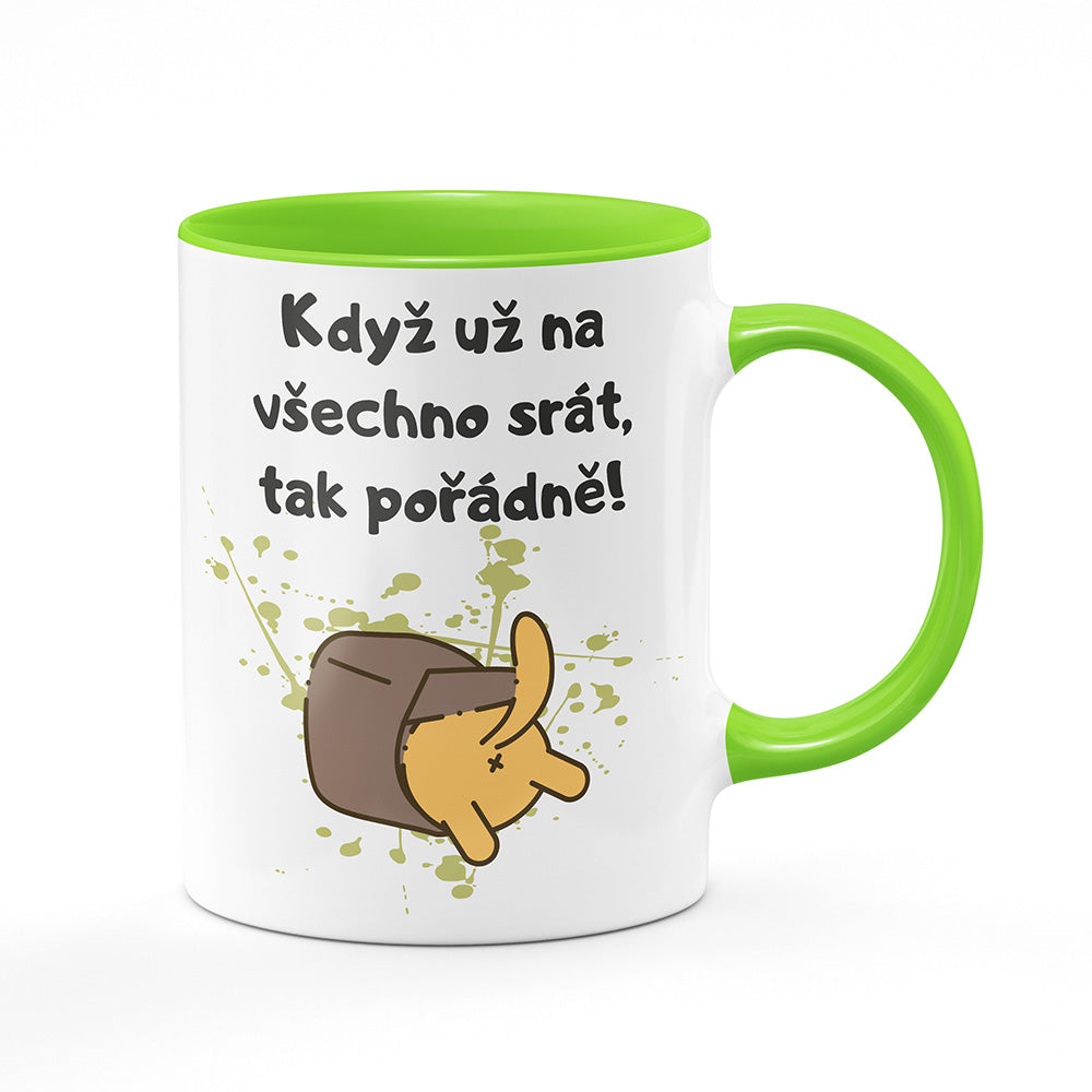 Keramický hrnek bílý s světle zeleným lemem vnitřkem a uchem motiv Když už na všechno…