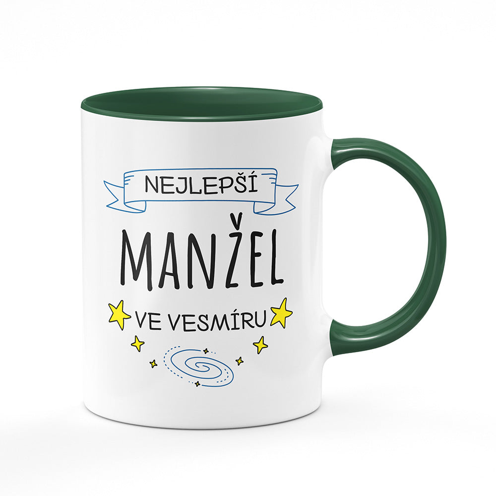 Keramický hrnek bílý s zeleným lemem vnitřkem a uchem motiv Nejlepší manžel ve vesmíru