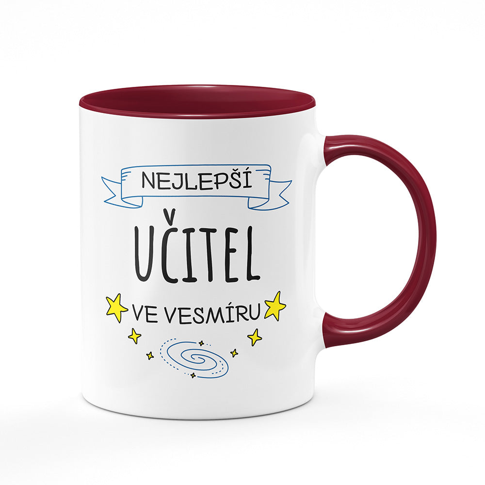 Keramický hrnek bílý s bordó vínovým lemem vnitřkem a uchem motiv Nejlepší učitel ve vesmíru